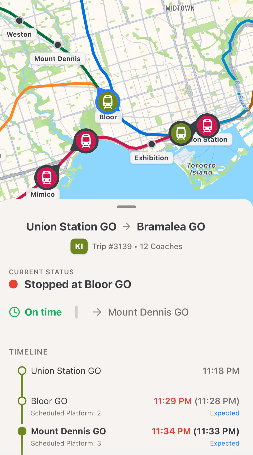 OnTime GO live map showing GO trains near Union Station, with a Kitchener line train stopped at Bloor GO and its upcoming stops